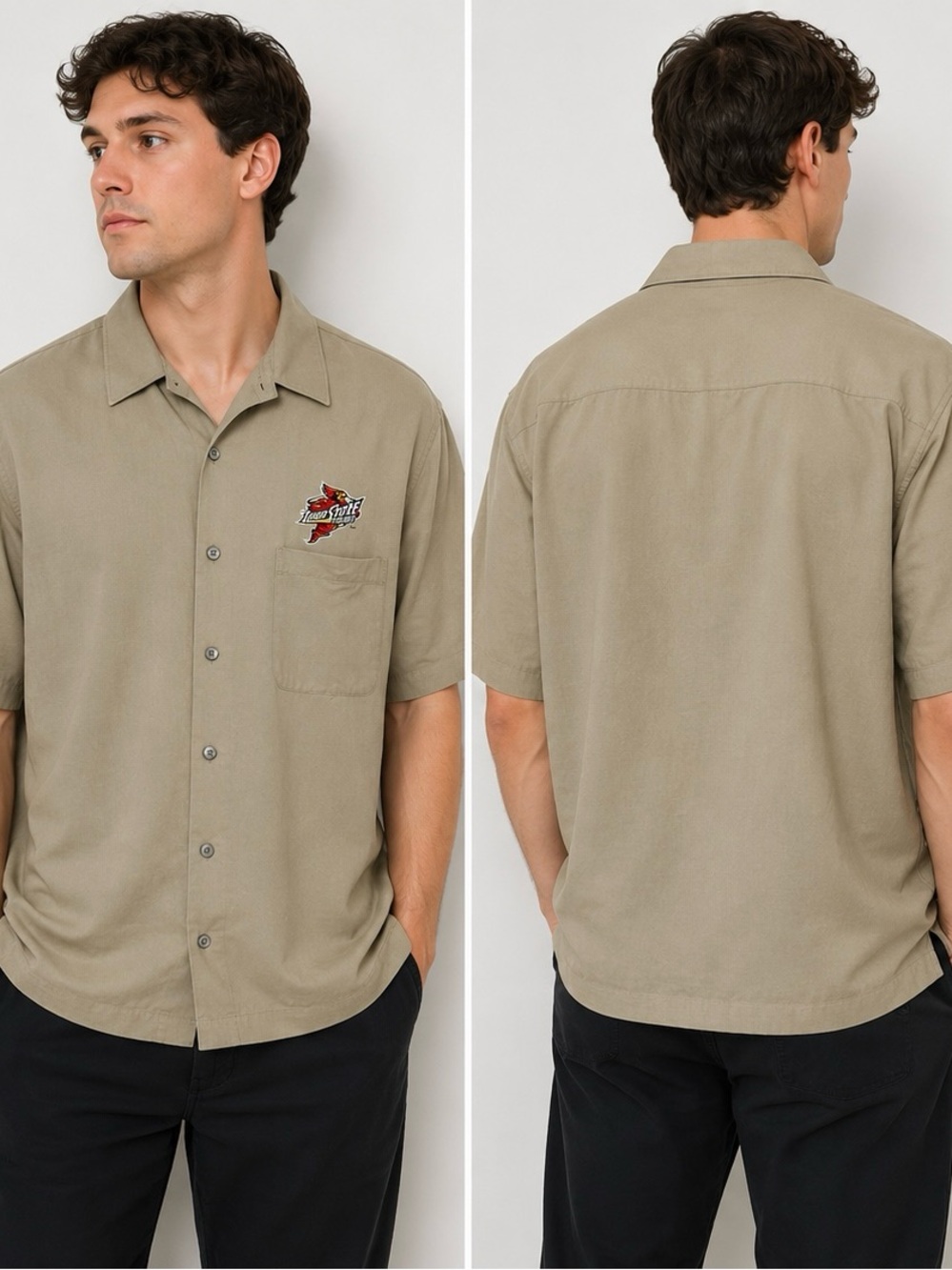 Antigua Vintage Iowa State Cyclones Button Up Camp Shirt Men’s XL Khaki NCAA